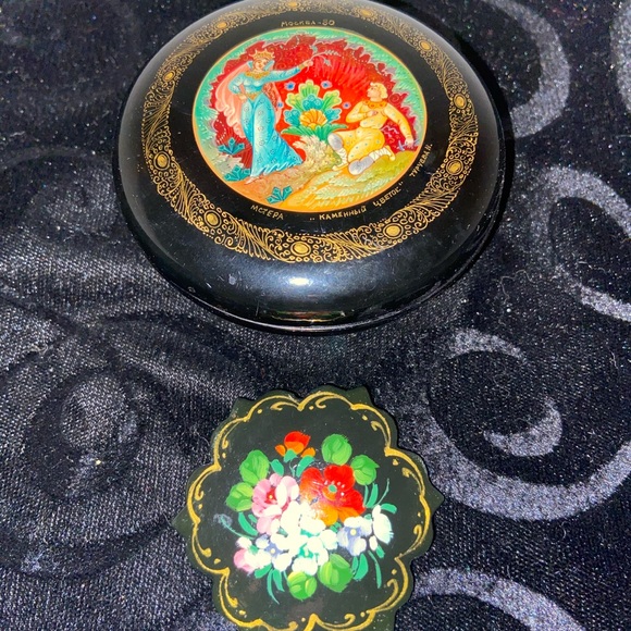 Vintage Russian Hand Painted Brooch & Trinket Box